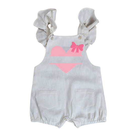Bow Heart - Valentines Frill Linen Overalls